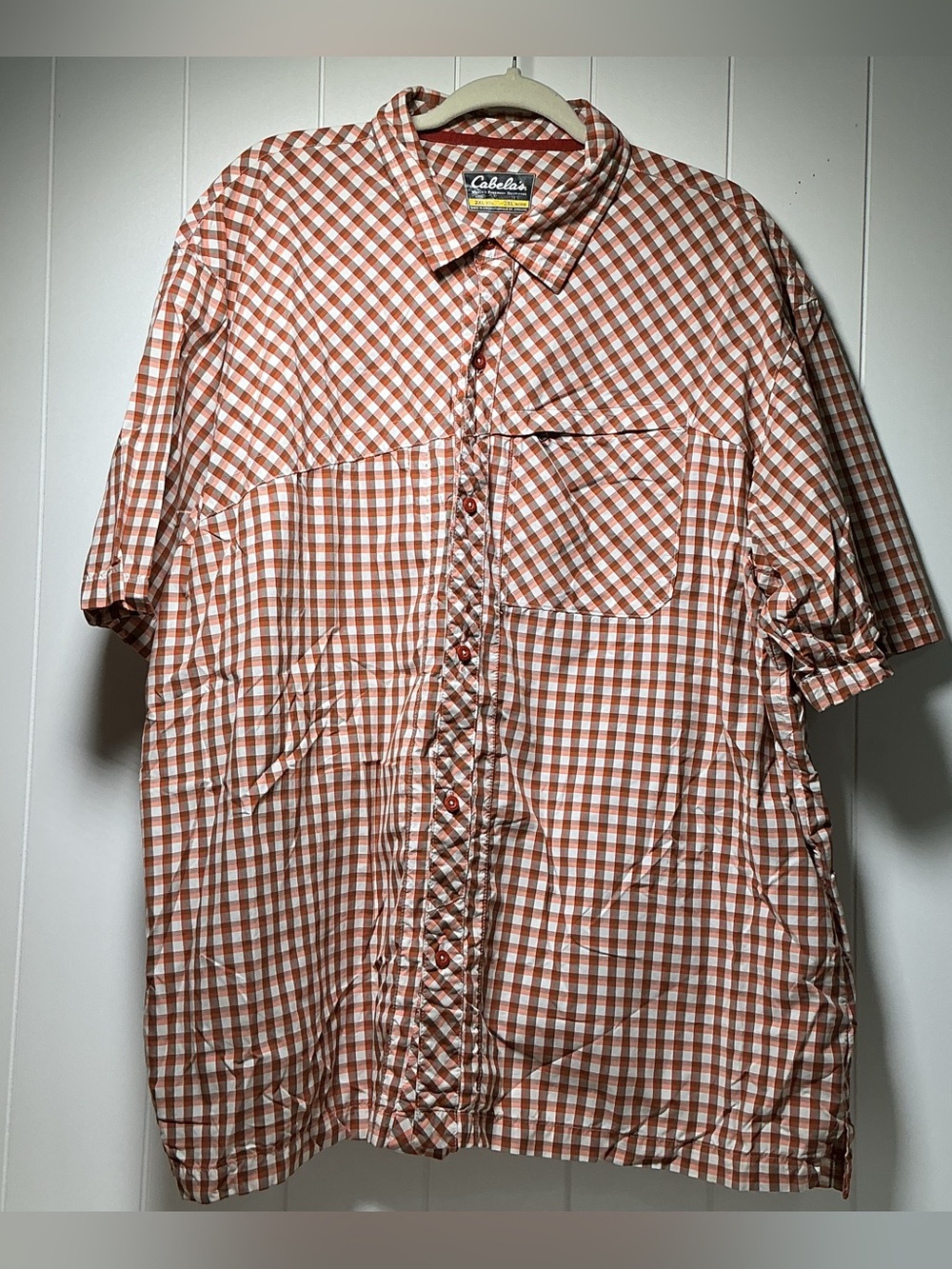 Cabela's Men's 2XL Button Up Shirt Plaid Orange Short Sleeve Pocket Nylon